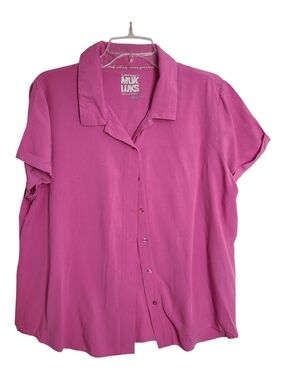 MUK LUKS Magenta Pink Rayon Button Down Short Sleeve Shirt Large